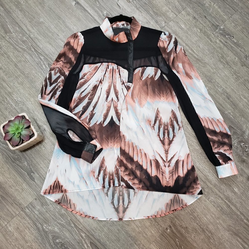 Stella & Jamie Feather Print Chiffon Silk Blouse S